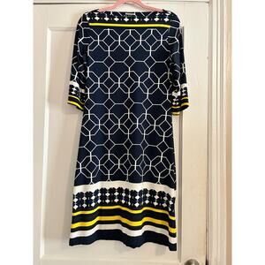 HAANI Geometric Shift Dress Navy White Yellow | Size Small